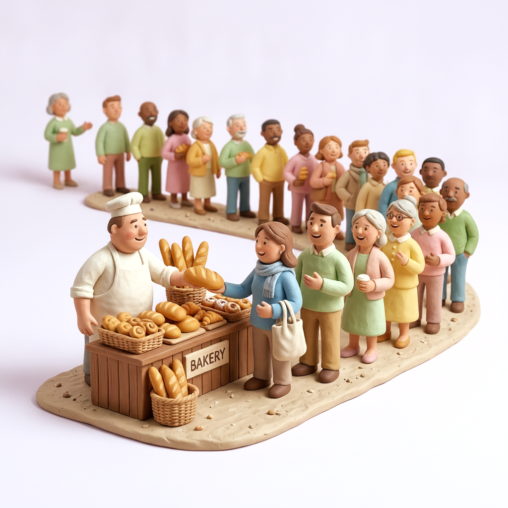 A claymation baker handing a loaf to the first customer of a long, crowded line of happy clay customers
