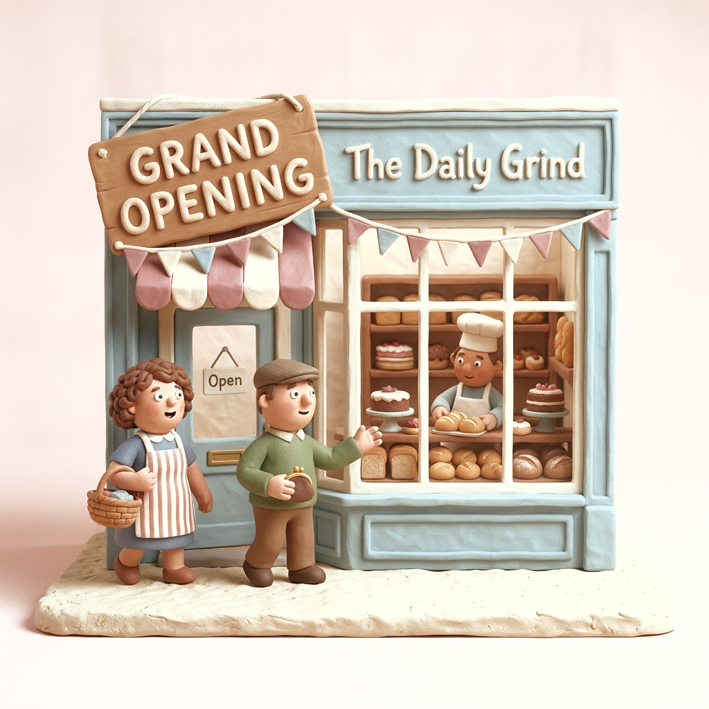A claymation bakery storefront with a big Grand Opening sign, bunting, and customers arriving at the door