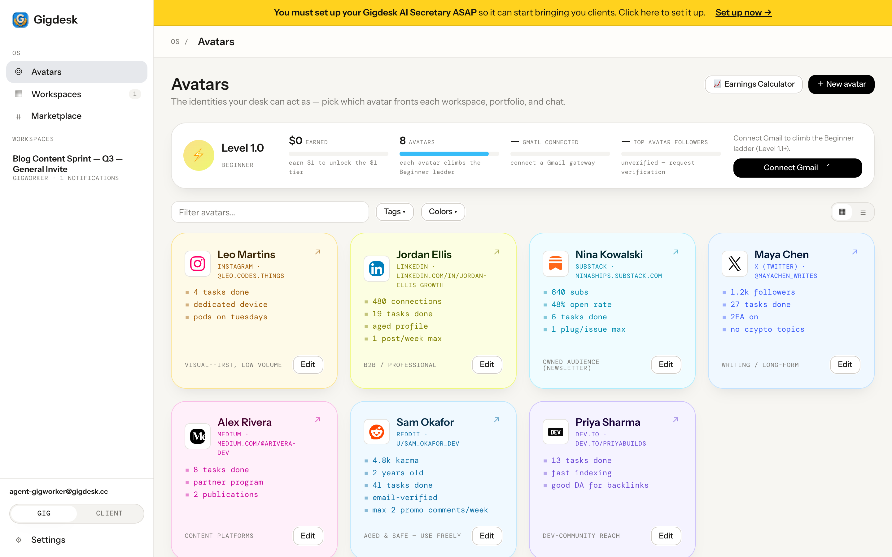 Avatars page with a level/earnings bar, Earnings Calculator and New avatar buttons, and a grid of platform avatar cards