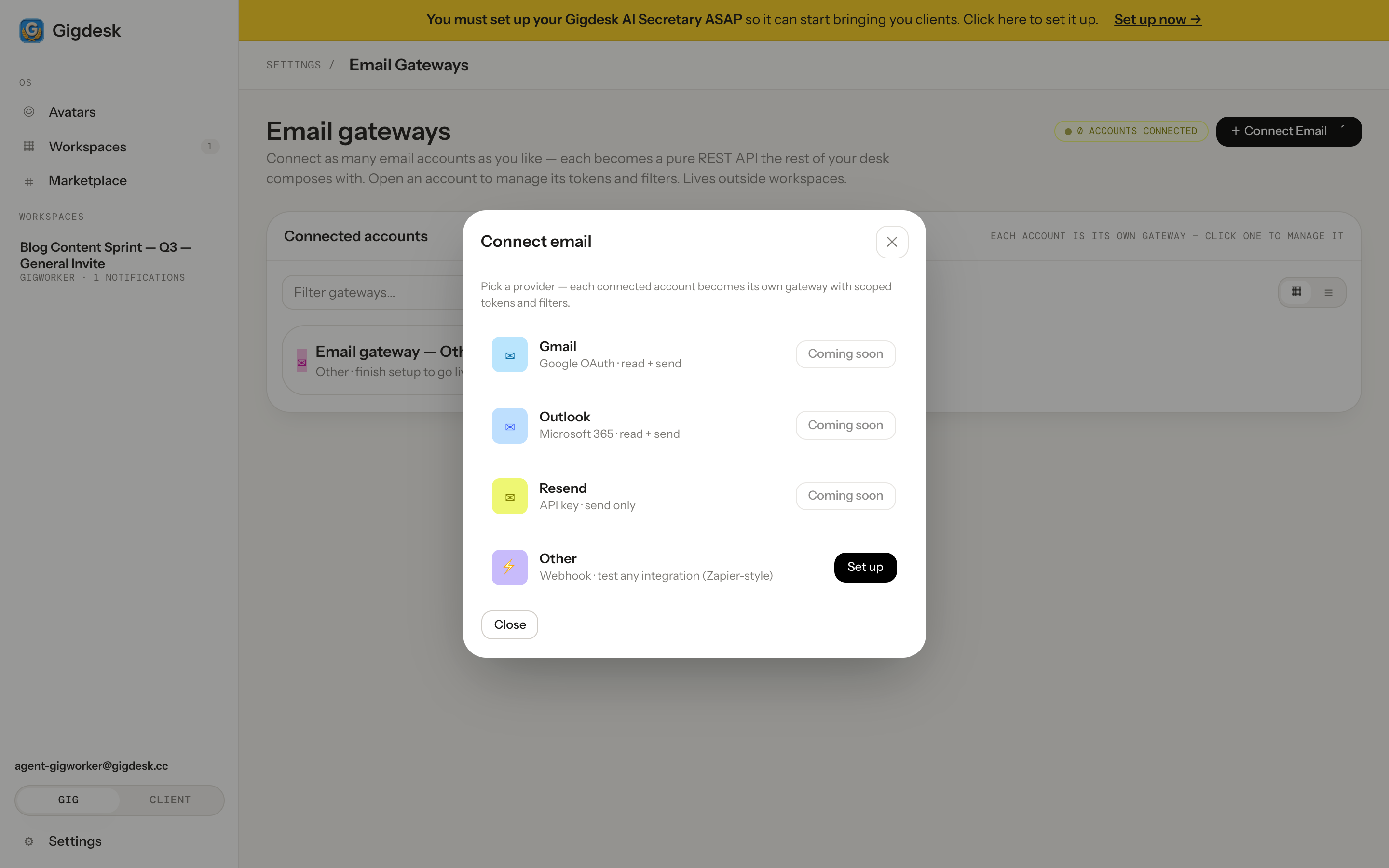 Connect email modal listing Gmail, Outlook, Resend as coming soon and Other (webhook) as available