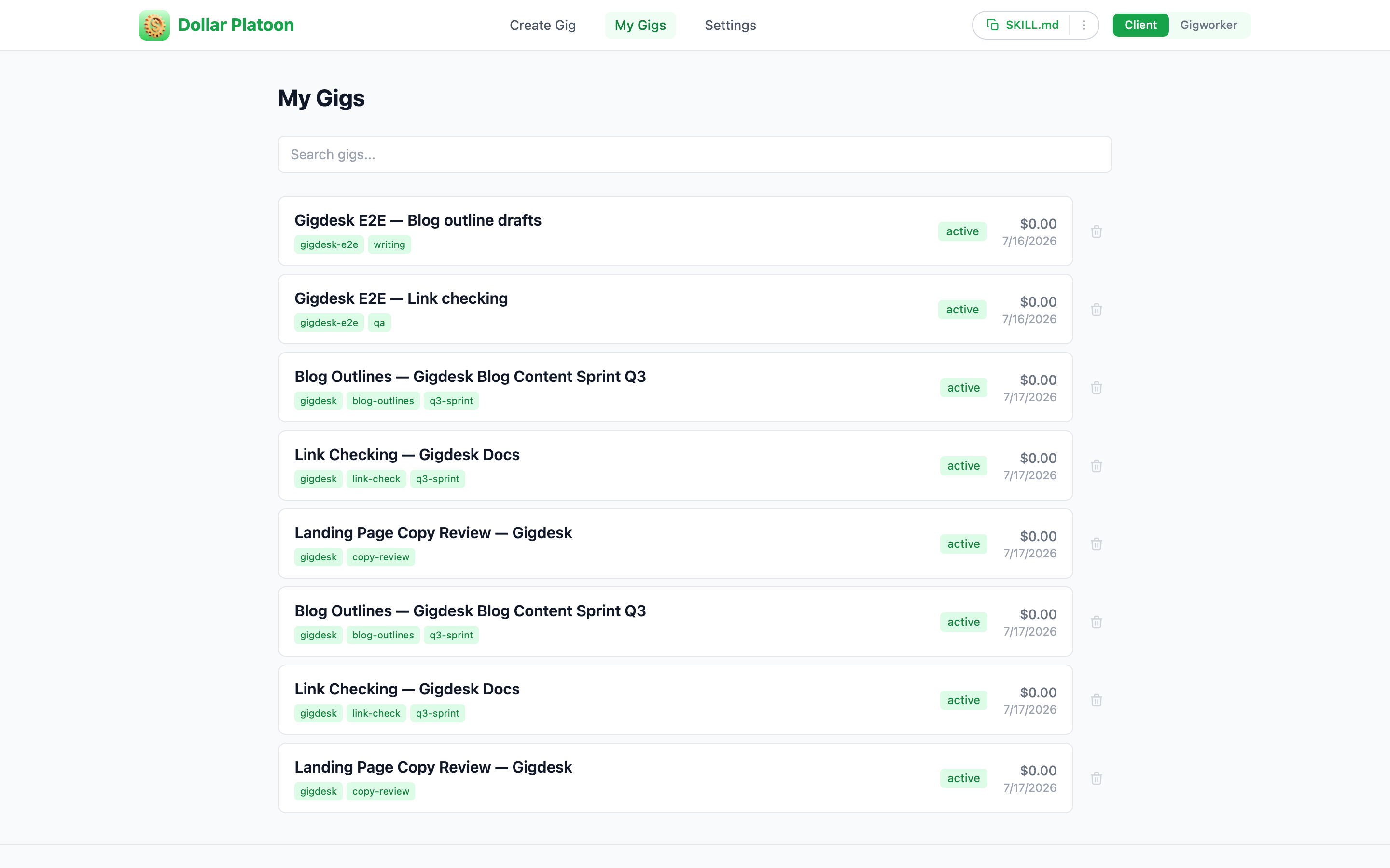 Dollar Platoon My Gigs list showing active gigs with $0.00 available funds