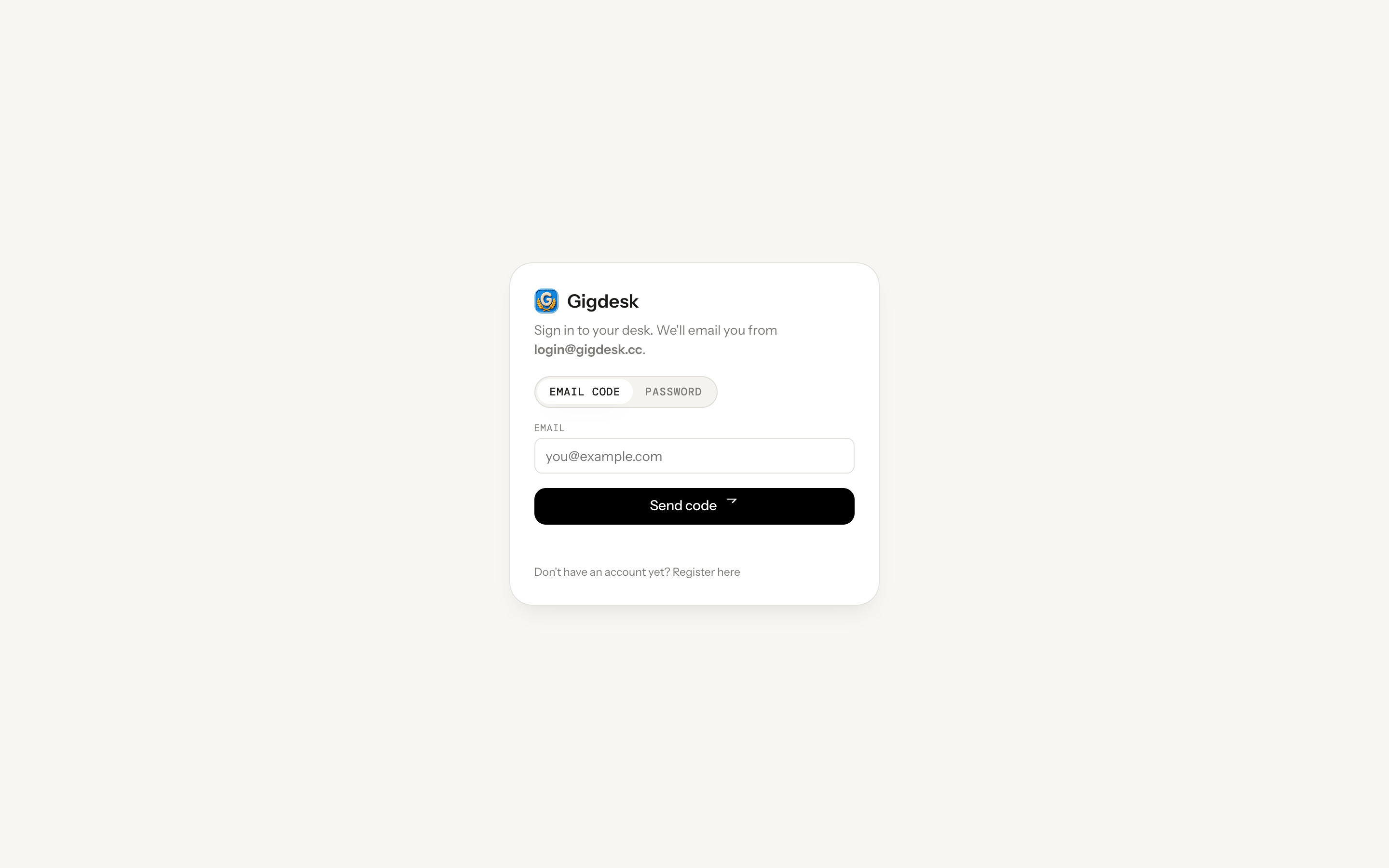 Gigdesk sign-in card with EMAIL CODE and PASSWORD tabs, an email field, and a Send code button