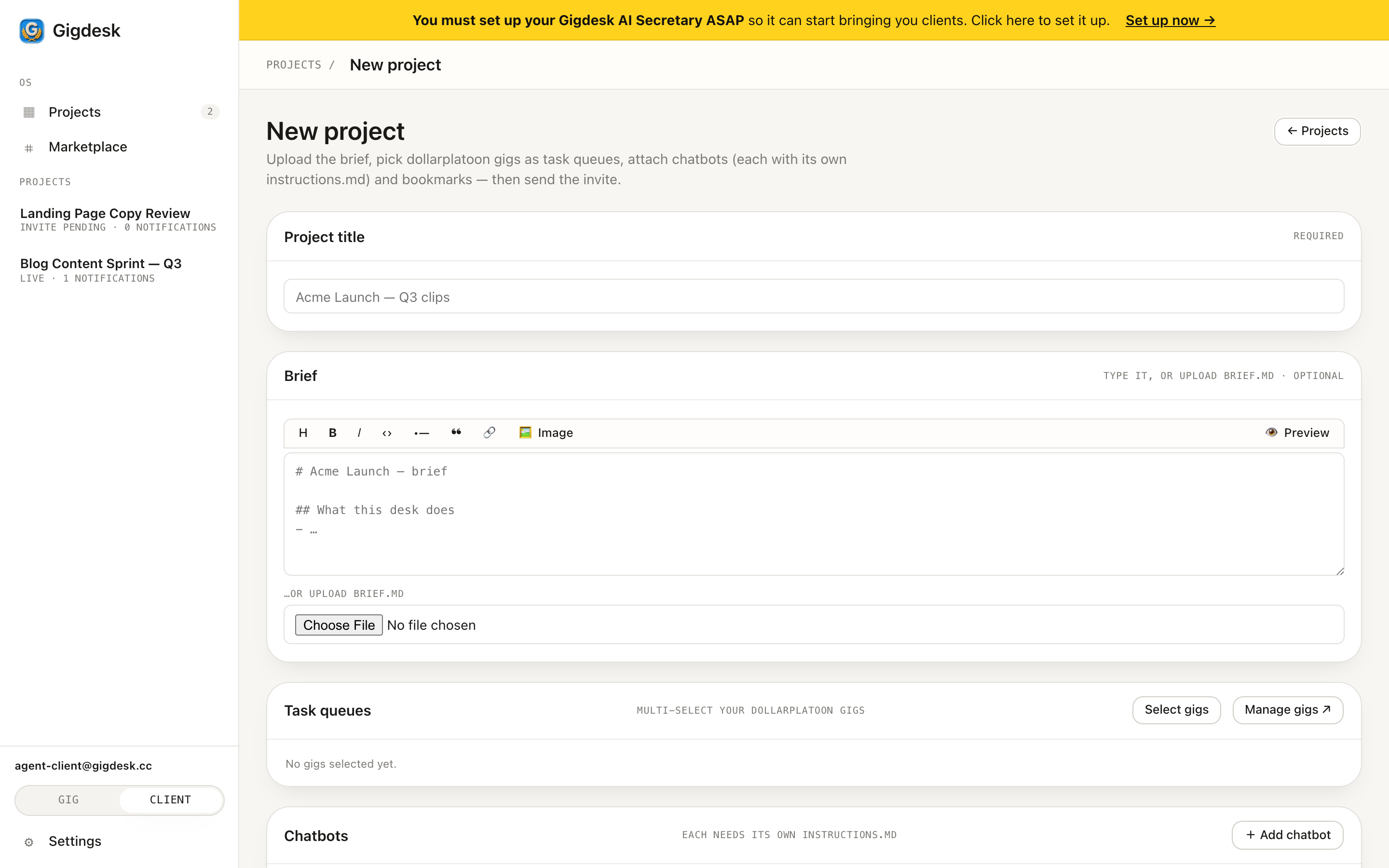 New project form: title, markdown brief editor, task queues (select gigs), and chatbots