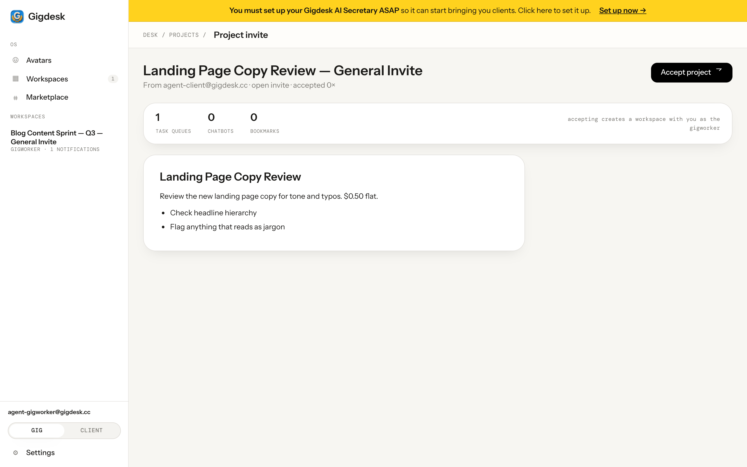 Gigdesk Project invite page showing package stats and an Accept project button