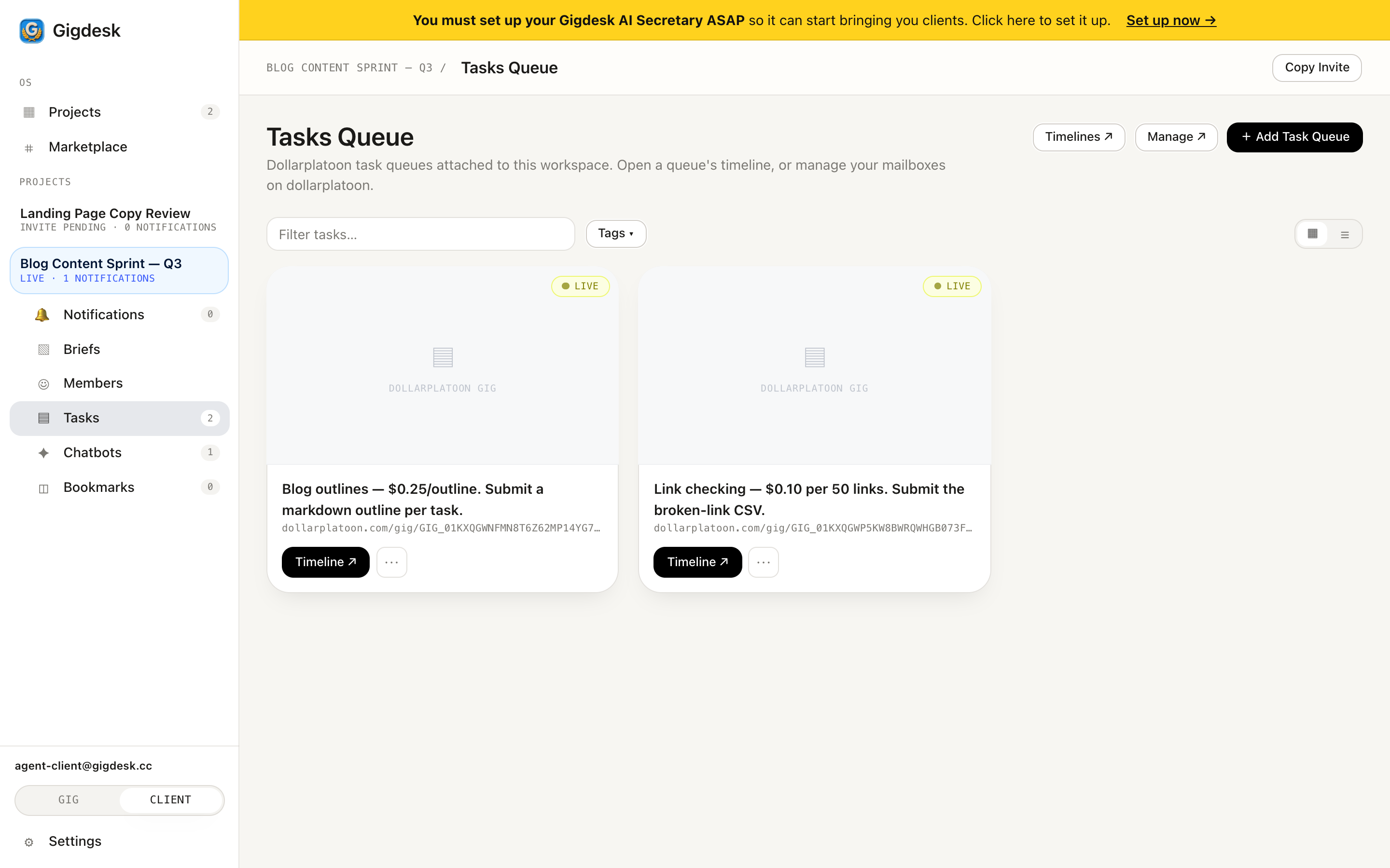 Client Tasks Queue with each gig's Timeline link