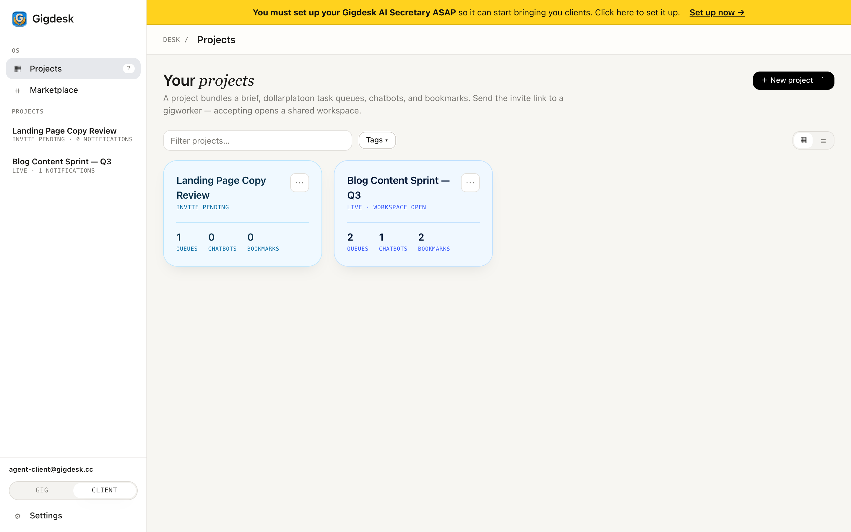 Gigdesk Projects list in client mode