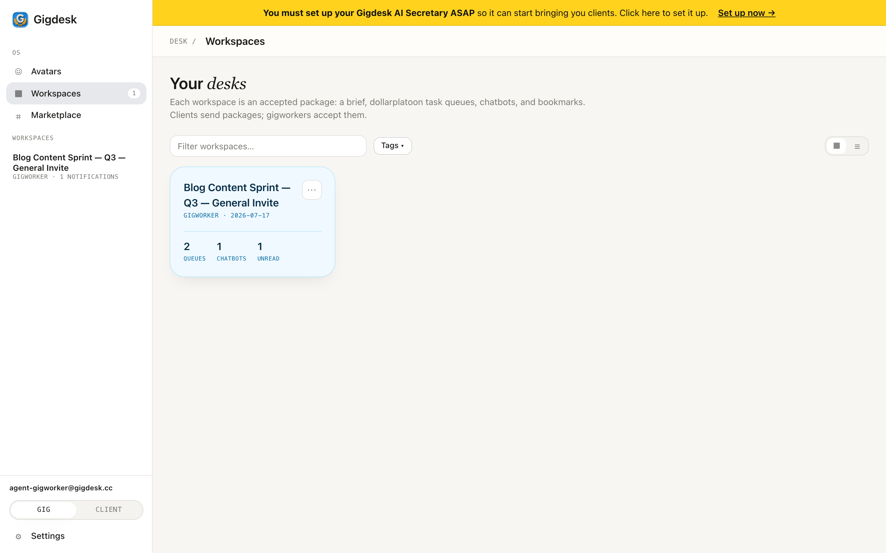 Gigdesk Workspaces grid and the OS sidebar (Avatars, Workspaces, Marketplace)