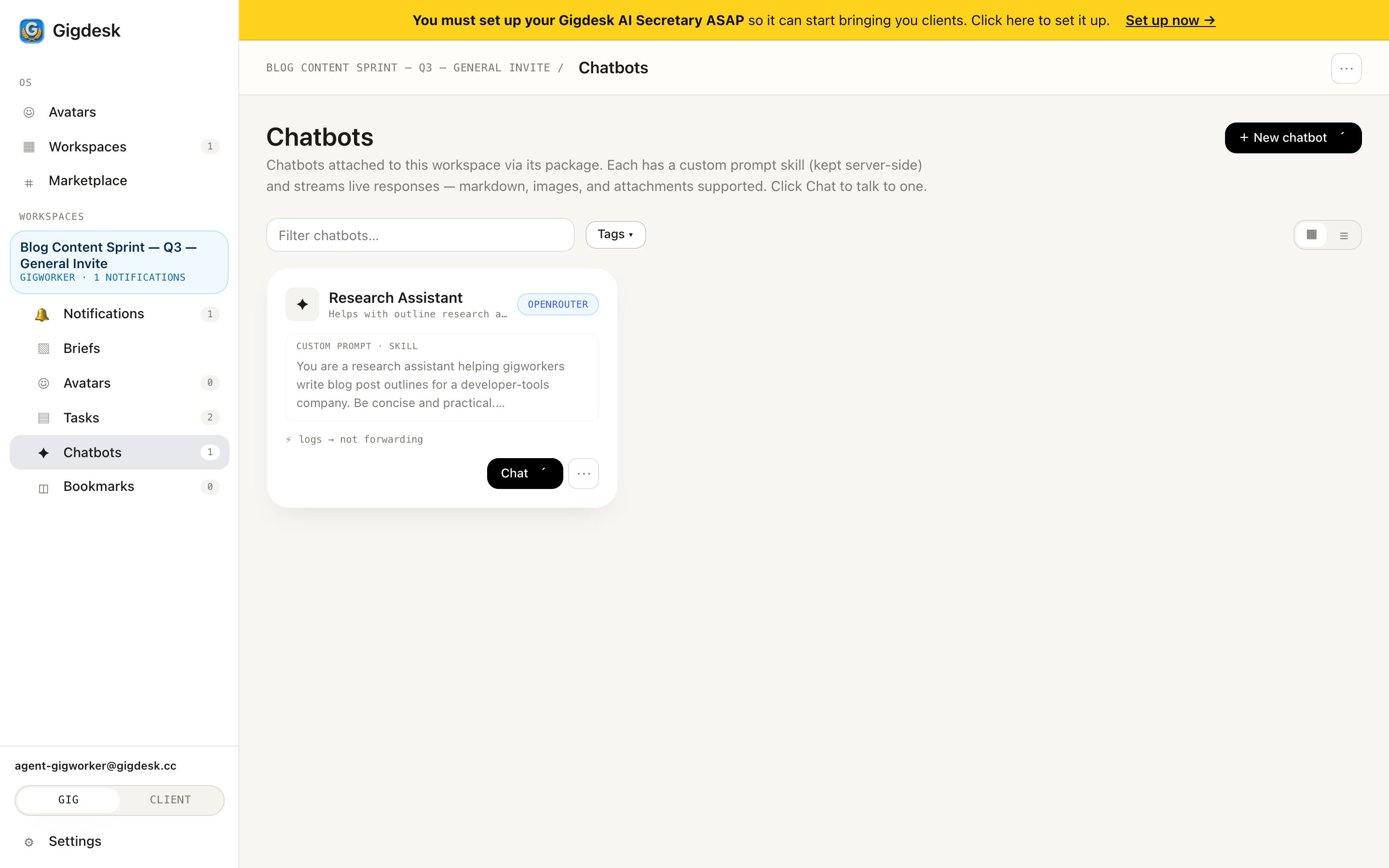 Chatbots list with a New chatbot button and a Research Assistant card showing its provider and prompt