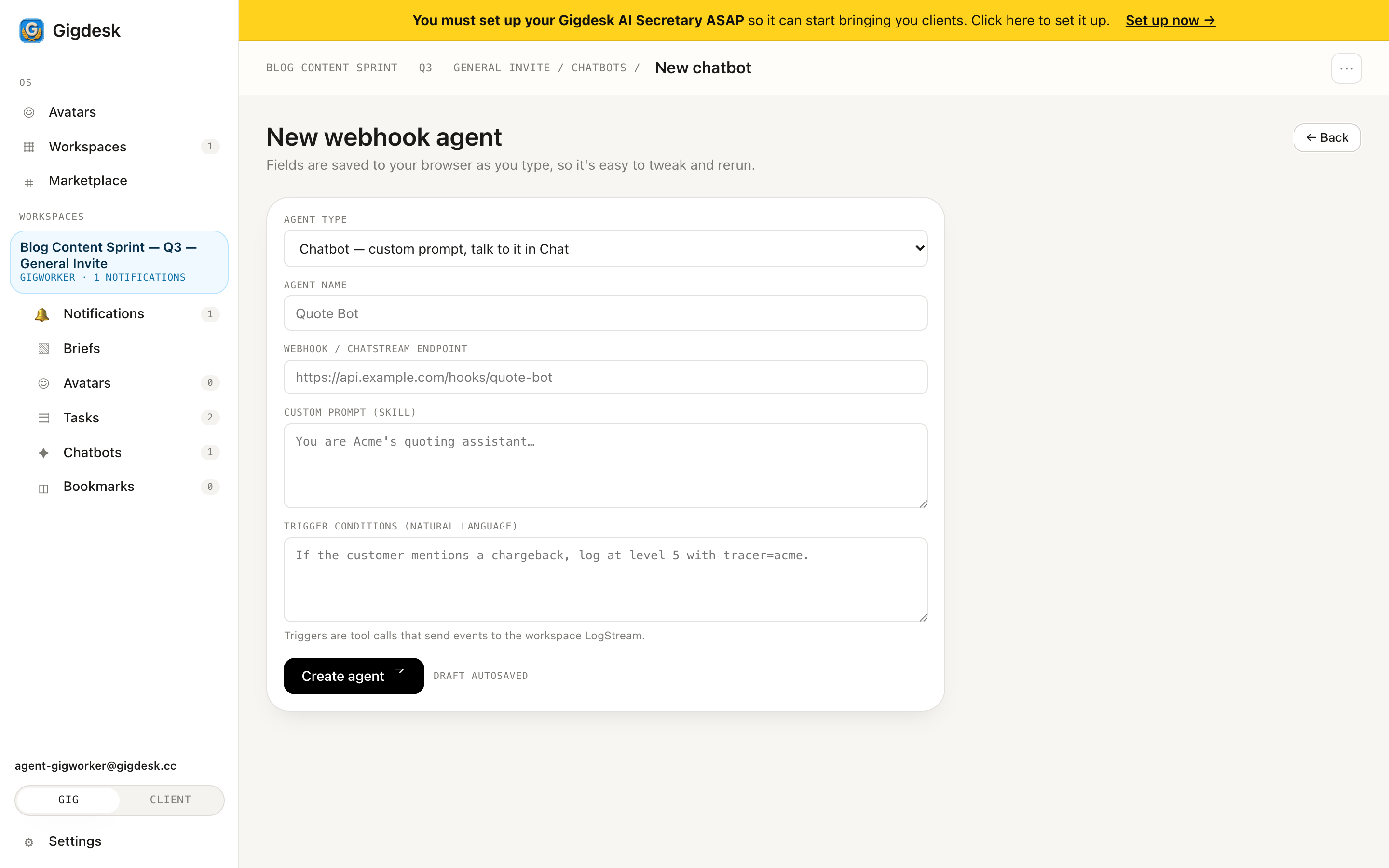 New webhook agent form: agent type, name, webhook/chatstream endpoint, custom prompt skill, and trigger conditions