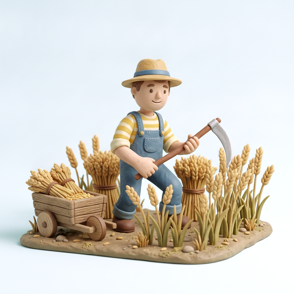 A cheerful claymation farmer harvesting golden wheat, with bundled sheaves stacked in a little wooden cart
