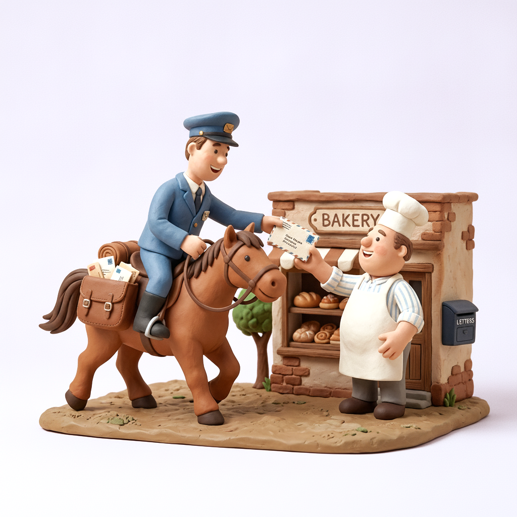 A claymation mailman on horseback handing an envelope to a baker outside his bakery