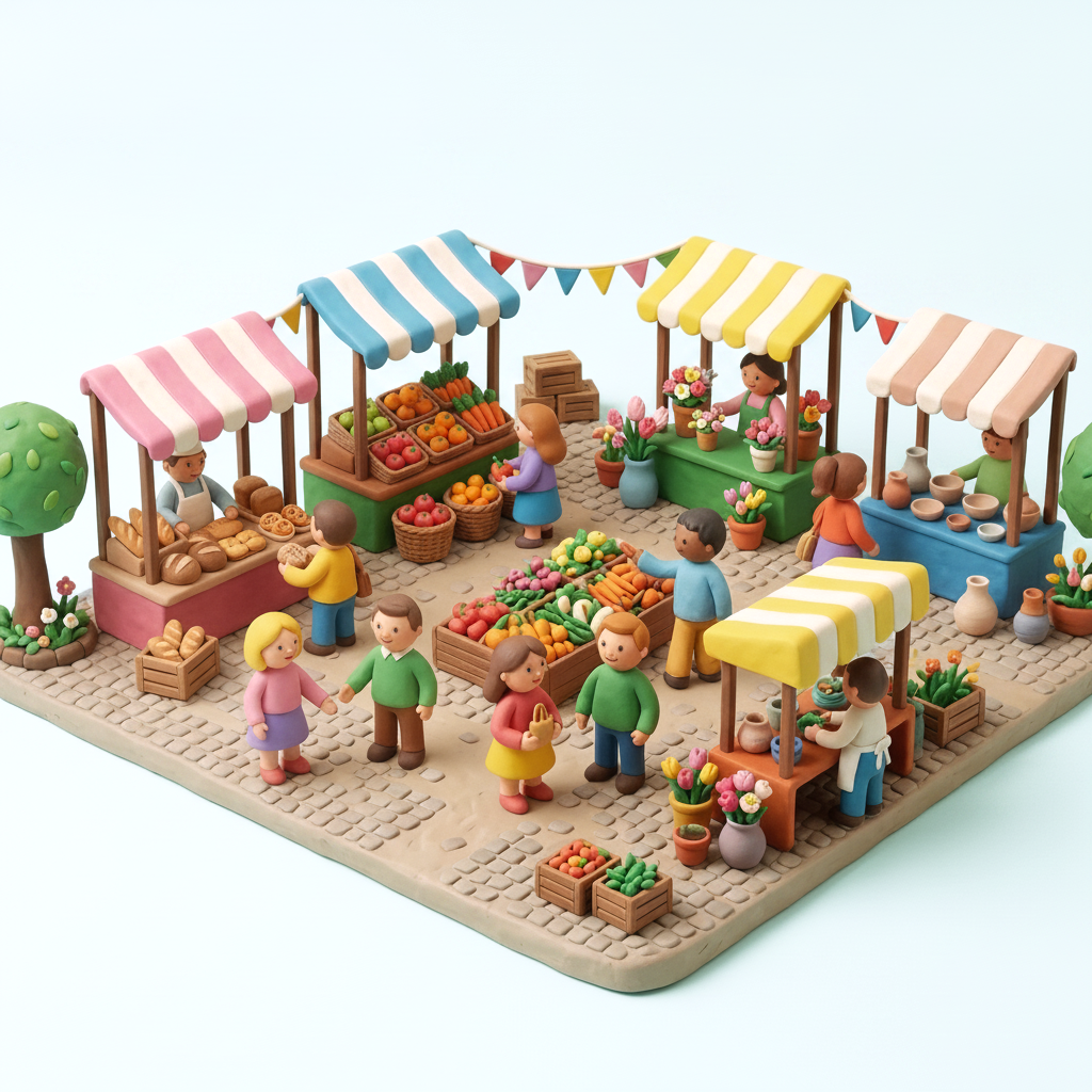 A claymation village marketplace with colorful vendor stalls and crowds of happy clay customers browsing and buying